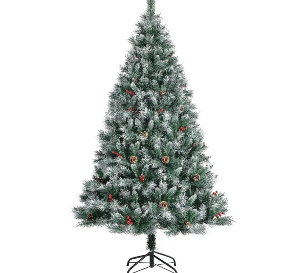 COSTWAY Sapin Et Accessoire^ Sapin De Noël Enneige Artificiel 180 Cm Avec 28 Pommes De Pin Baies Rouges 644 Rameaux Base Metalliq