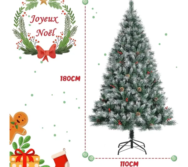 COSTWAY Sapin Et Accessoire^ Sapin De Noël Enneige Artificiel 180 Cm Avec 28 Pommes De Pin Baies Rouges 644 Rameaux Base Metalliq