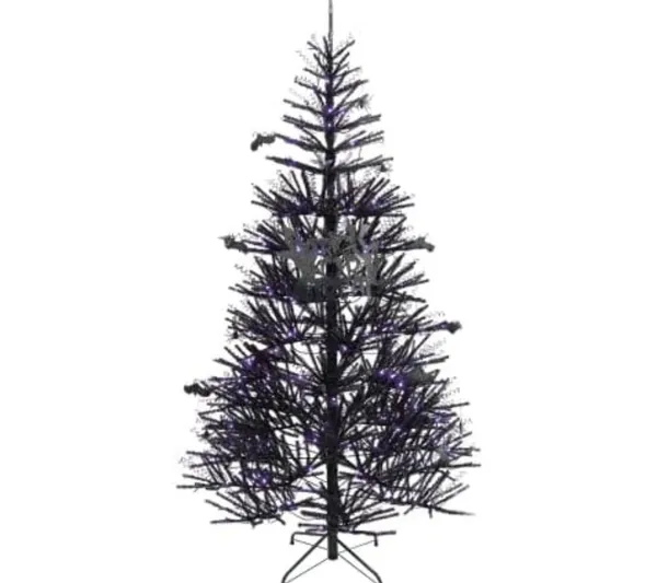 COSTWAY Sapin Et Accessoire^ Sapin De Noël Noir 180 Cm, 250 Lumieres Led Violette Et Accessoires D'Halloween