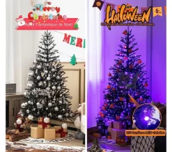 COSTWAY Sapin Et Accessoire^ Sapin De Noël Noir 180 Cm, 250 Lumieres Led Violette Et Accessoires D'Halloween