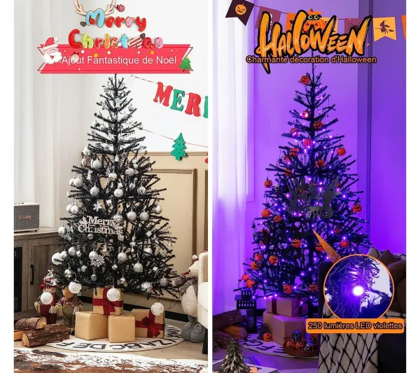 COSTWAY Sapin Et Accessoire^ Sapin De Noël Noir 180 Cm, 250 Lumieres Led Violette Et Accessoires D'Halloween