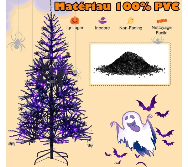 COSTWAY Sapin Et Accessoire^ Sapin De Noël Noir 180 Cm, 250 Lumieres Led Violette Et Accessoires D'Halloween