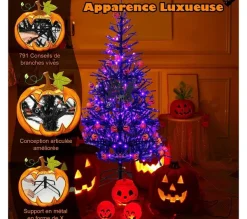 COSTWAY Sapin Et Accessoire^ Sapin De Noël Noir 180 Cm, 250 Lumieres Led Violette Et Accessoires D'Halloween