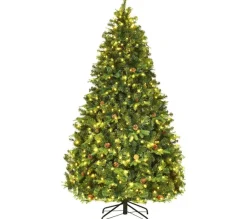 COSTWAY Sapin Et Accessoire^ Sapin De Noël/Arbre De Noël Artificiel Avec Lumiere Led Blanc Chaud, Pommes De Pin Et Pied En Metal