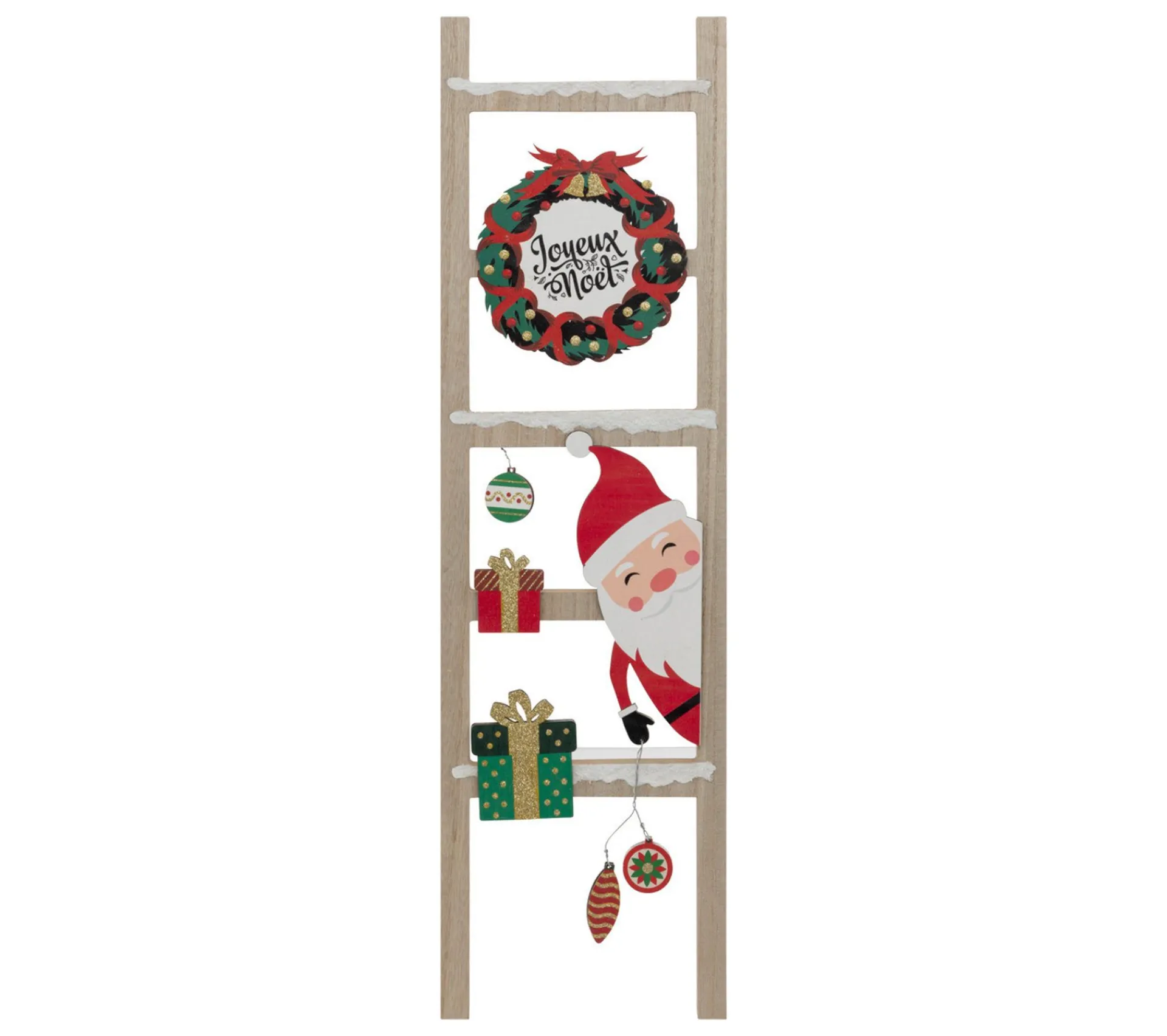 Discount FEERIC LIGHTS AND CHRISTMAS Pancarte Echelle Joyeux Noël En Bois Avec Pere Noël Et Couronne H 65 Cm