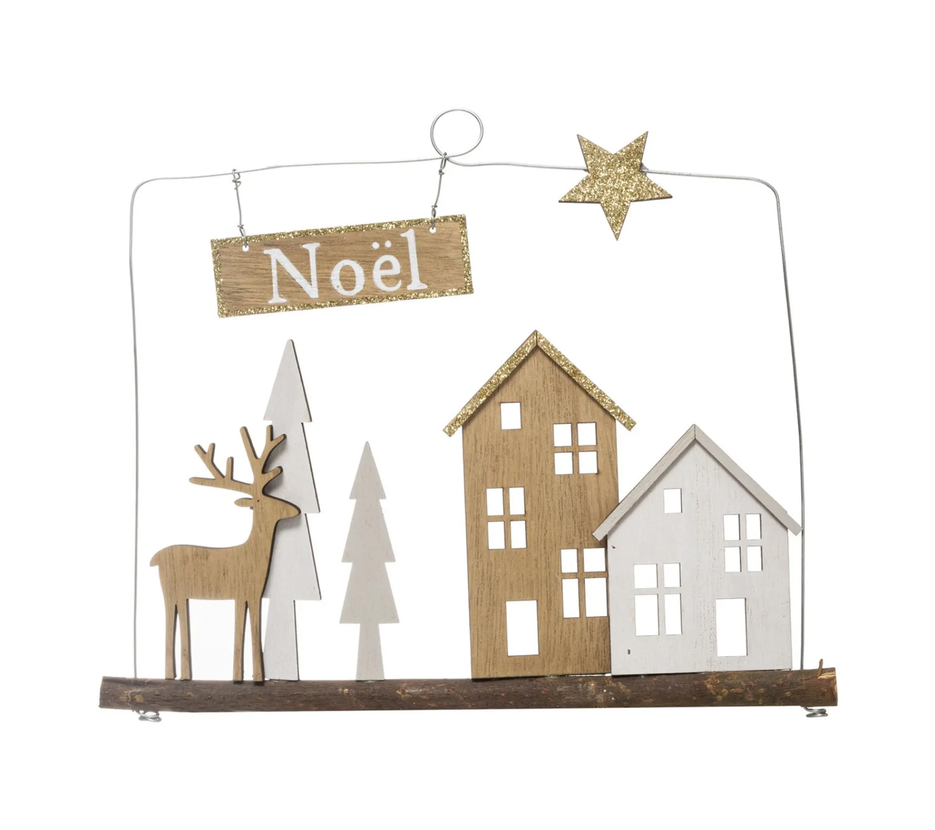 New FEERIC LIGHTS AND CHRISTMAS Déco De Noël En Metal Et Bois Finition Pailletee 27 X 27 Cm