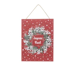 Outlet FEERIC LIGHTS AND CHRISTMAS Pancarte Joyeux Noël En Bois Fond Rouge Avec Couronne H 40 Cm