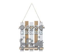 Sale FEERIC LIGHTS AND CHRISTMAS Déco De Noël Suspension En Bois Merry Christmas Avec Déco Argente Paillete H 24 Cm