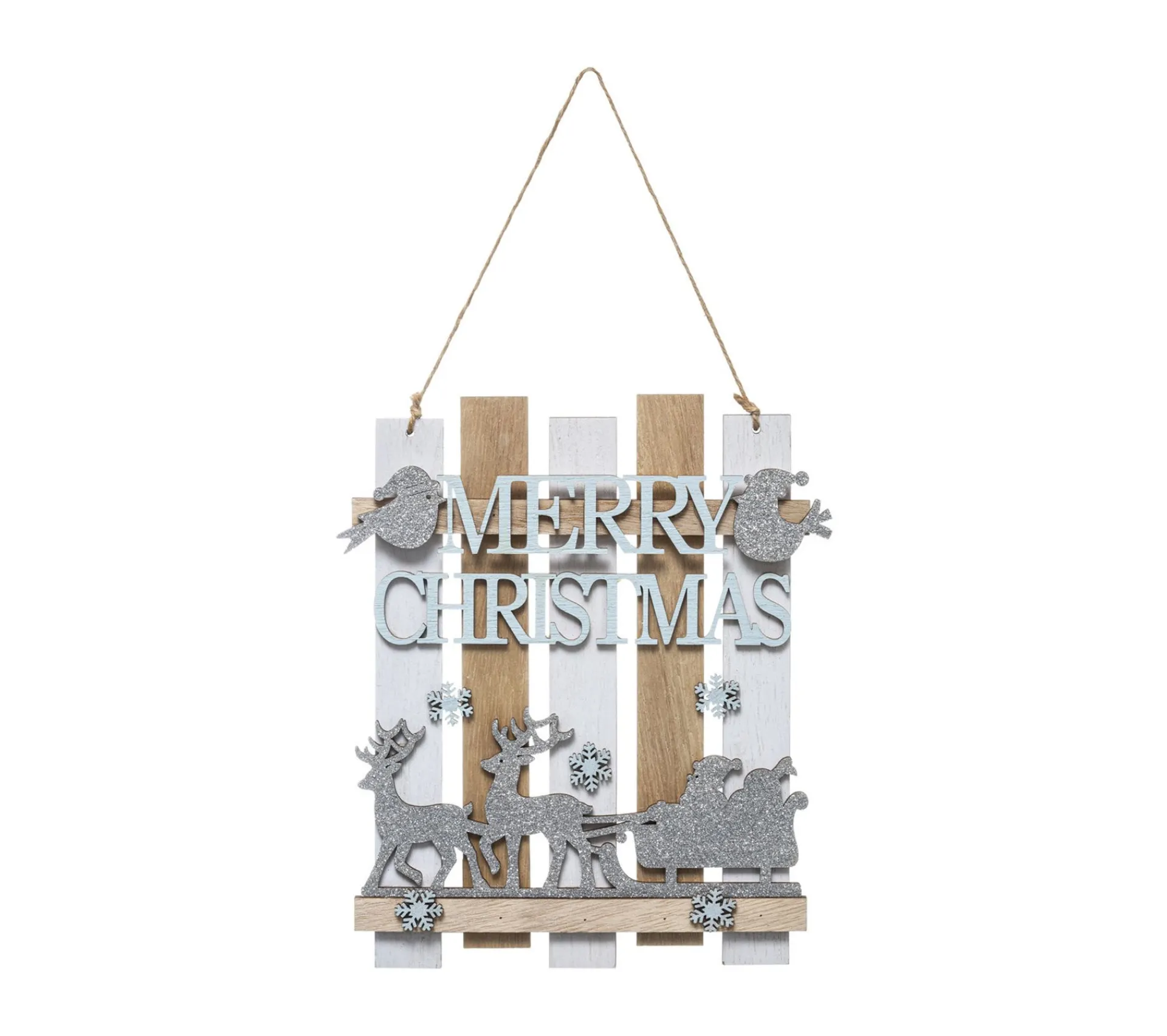 Sale FEERIC LIGHTS AND CHRISTMAS Déco De Noël Suspension En Bois Merry Christmas Avec Déco Argente Paillete H 24 Cm