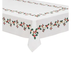 Discount FEERIC LIGHTS AND CHRISTMAS Nappe En Coton Blanc Imprime Houx Et Baies Rouges Finition Dore 140 X 240 Cm