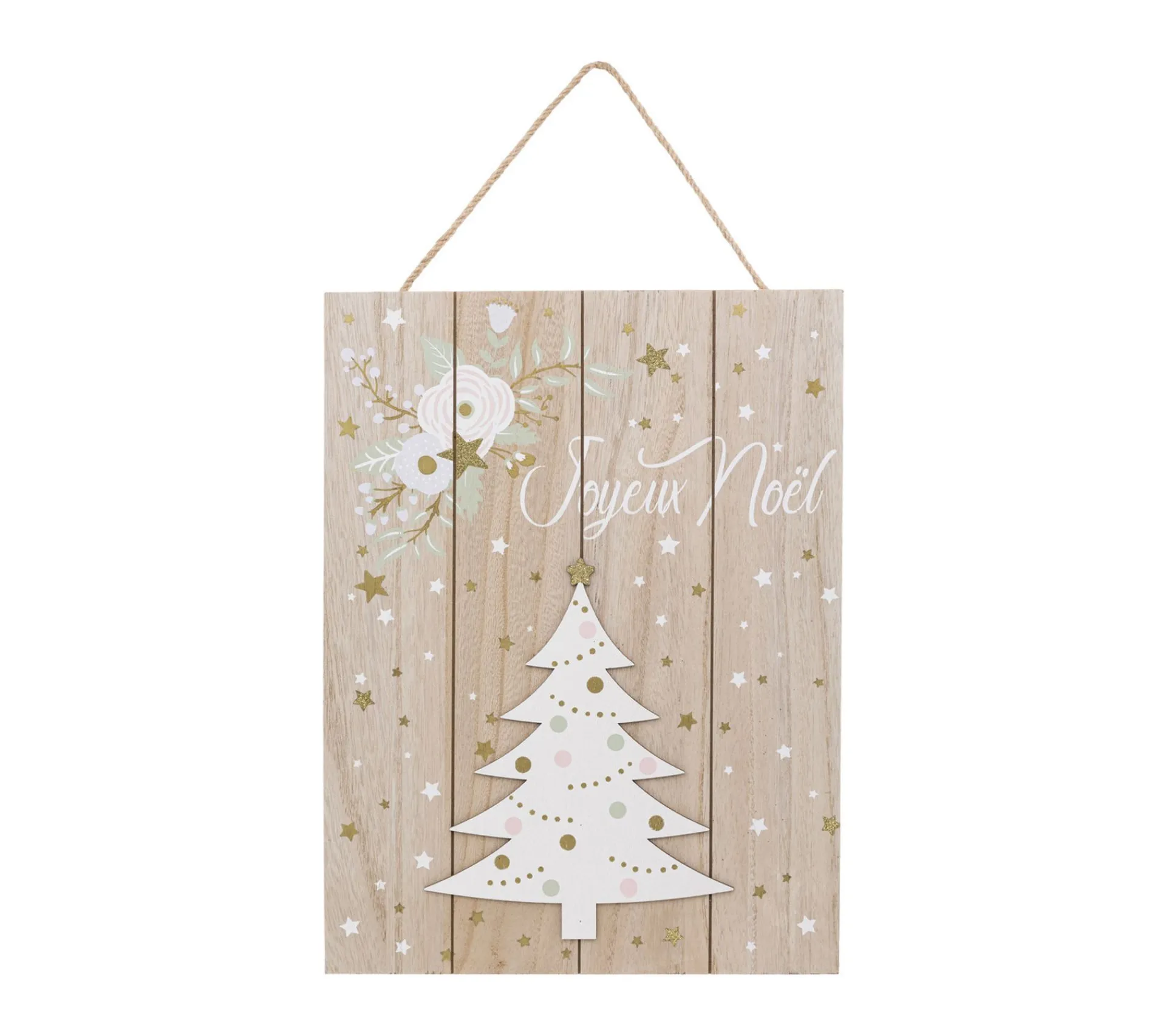 Best FEERIC LIGHTS AND CHRISTMAS Pancarte Joyeux Noël En Bois Avec Sapin Blanc Et Déco Pailletee Doree H 40 Cm