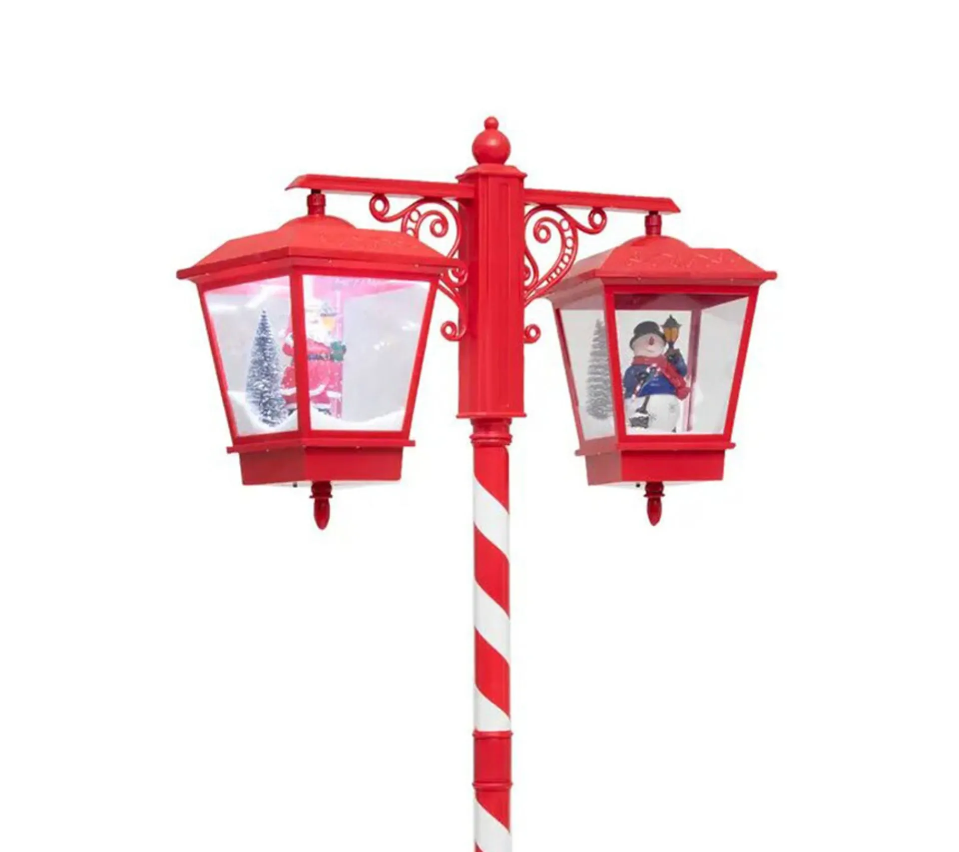 Discount FEERIC LIGHTS AND CHRISTMAS Lampadaire Rouge Et Blanc 2 Lanternes Lumineuses Et Musicales Avec Pere-Noël Et Bonhomme De Neige