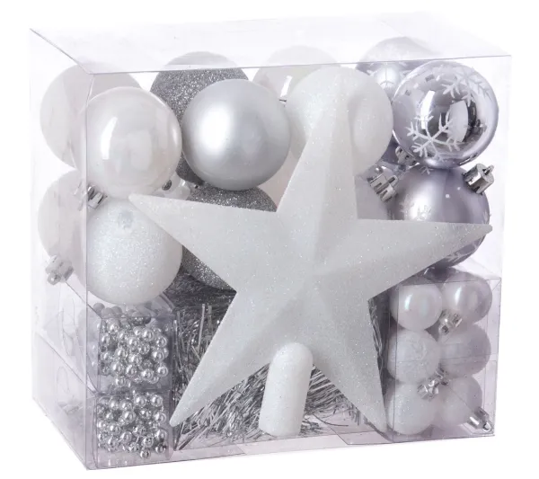 FEERIC LIGHTS AND CHRISTMAS Guirlande Et Boule De Sapin^ Kit Décoration Pour Sapin De Noël - 44 Pieces - Blanc Et Gris