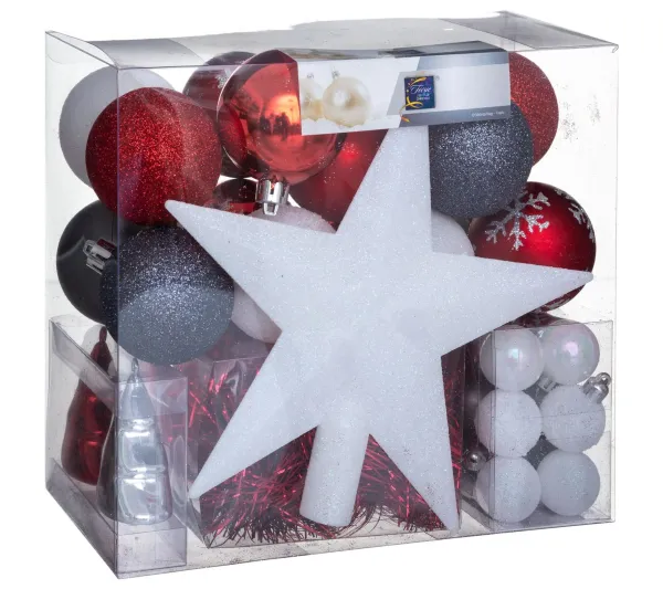 FEERIC LIGHTS AND CHRISTMAS Guirlande Et Boule De Sapin^ Kit Décoration Pour Sapin De Noël - 44 Pieces - Blanc, Rouge, Gris Fonce Et Argente