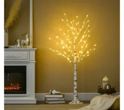 HOMCOM Sapin Et Accessoire^ Arbre Lumineux Led Bouleau H. 150 Cm 96 Leds Blanc Chaud
