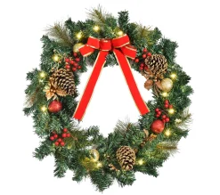Shop HOMCOM Couronne De Noël Artificielle Lumineuse O 60 Cm 20 Led Avec Décoration