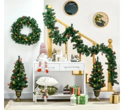 Cheap HOMCOM Lot De 4 Décorations De Noël Led - Couronne, Guirlande, 2 Sapins Avec Pots