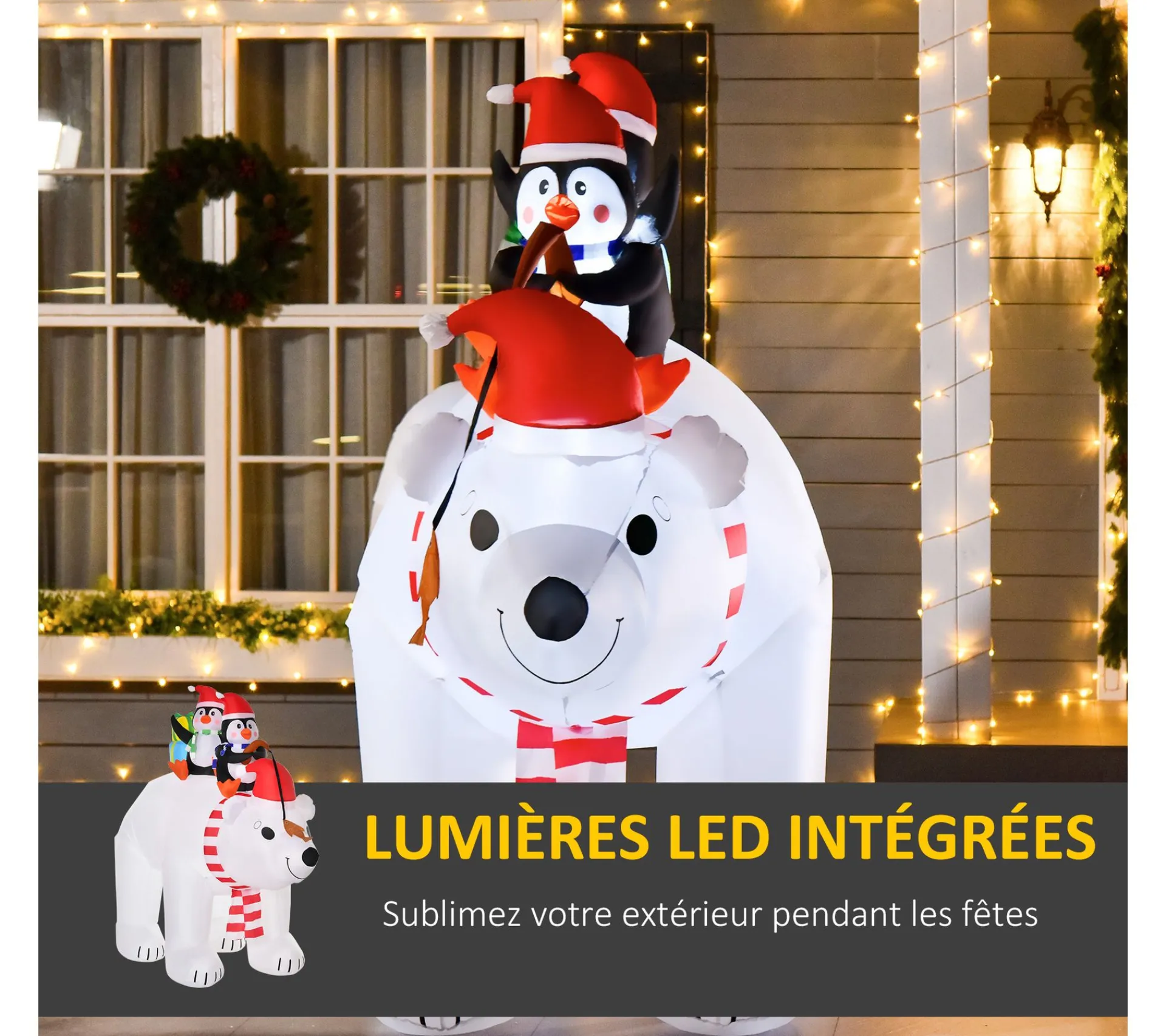 New HOMCOM Ours Polaire Gonflable Led De Noël Avec Pingouins