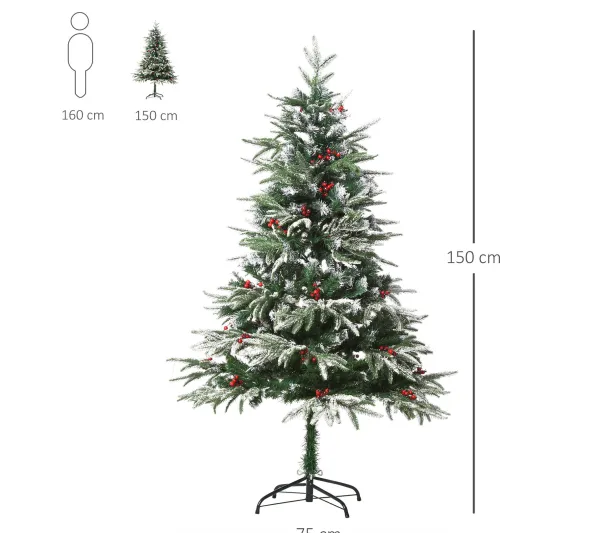 HOMCOM Sapin Et Accessoire^ Sapin De Noël Artificiel Enneige 75 X 150H Cm 451 Branches Pines Imitation Nordmann 56 Houx