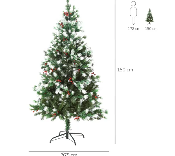 HOMCOM Sapin Et Accessoire^ Sapin De Noël Artificiel Enneigees 75 X 150H Cm 554 Branches Pines Imitation Nordmann 41 Houx