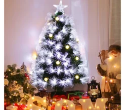 HOMCOM Sapin Et Accessoire^ Sapin De Noël Artificiel Lumineux Fibre Optique Led + 14 Ampoules + Support Pied 48 X 90H