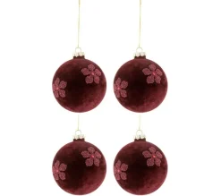 * Guirlande Et Boule De Sapin^Lot De 4 Boules De Noël "Fleurs Velours" 10Cm Rouge