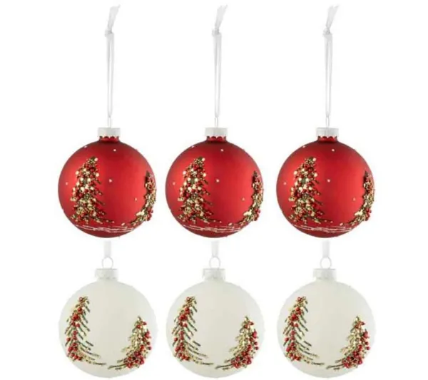 * Guirlande Et Boule De Sapin^Lot De 6 Boules De Noël "Sapin Paillettes" 8Cm Blanc Et Rouge