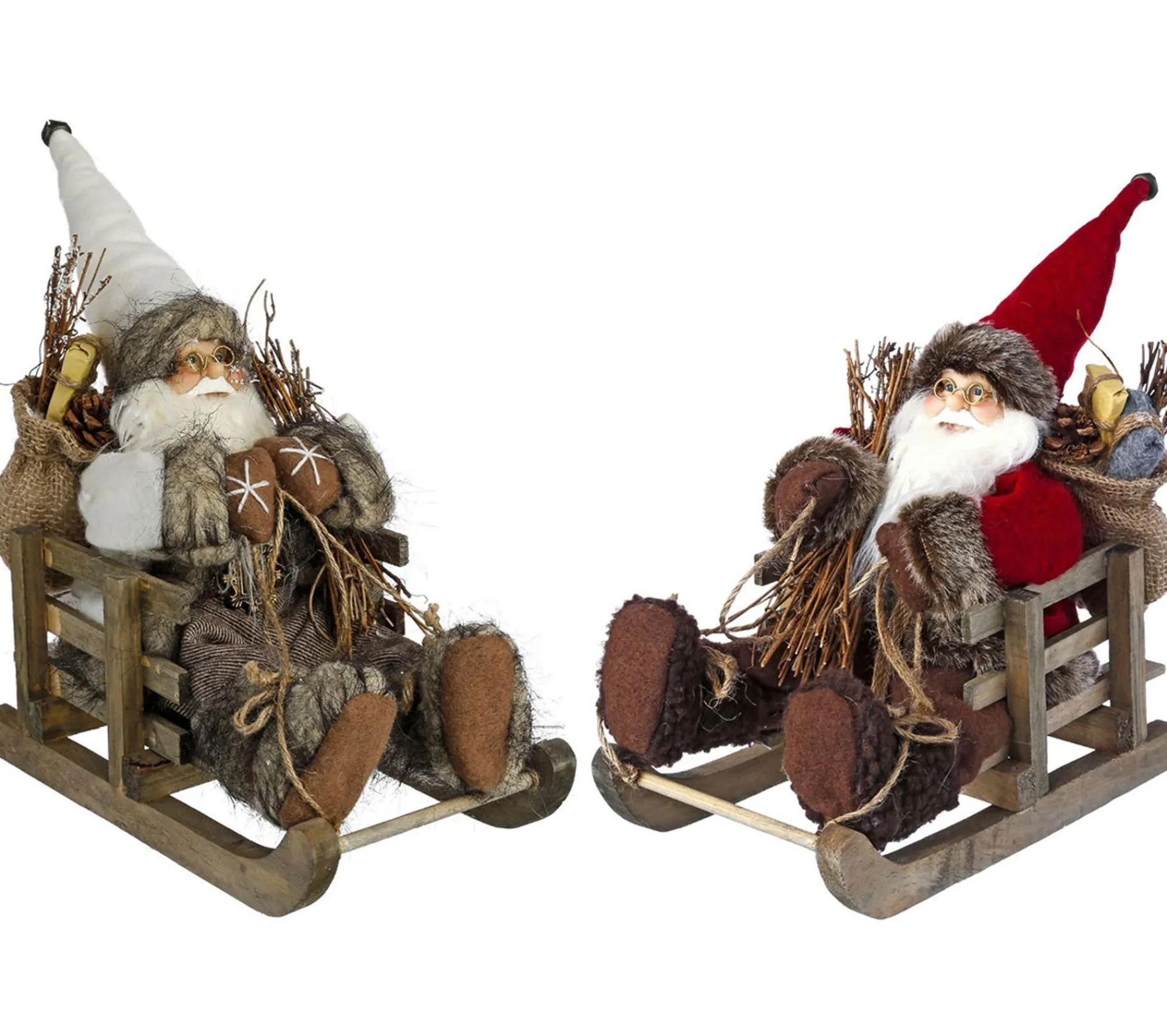 Outlet * Pere Noël Sur Luge "Soir" 28Cm Rouge Et Marron