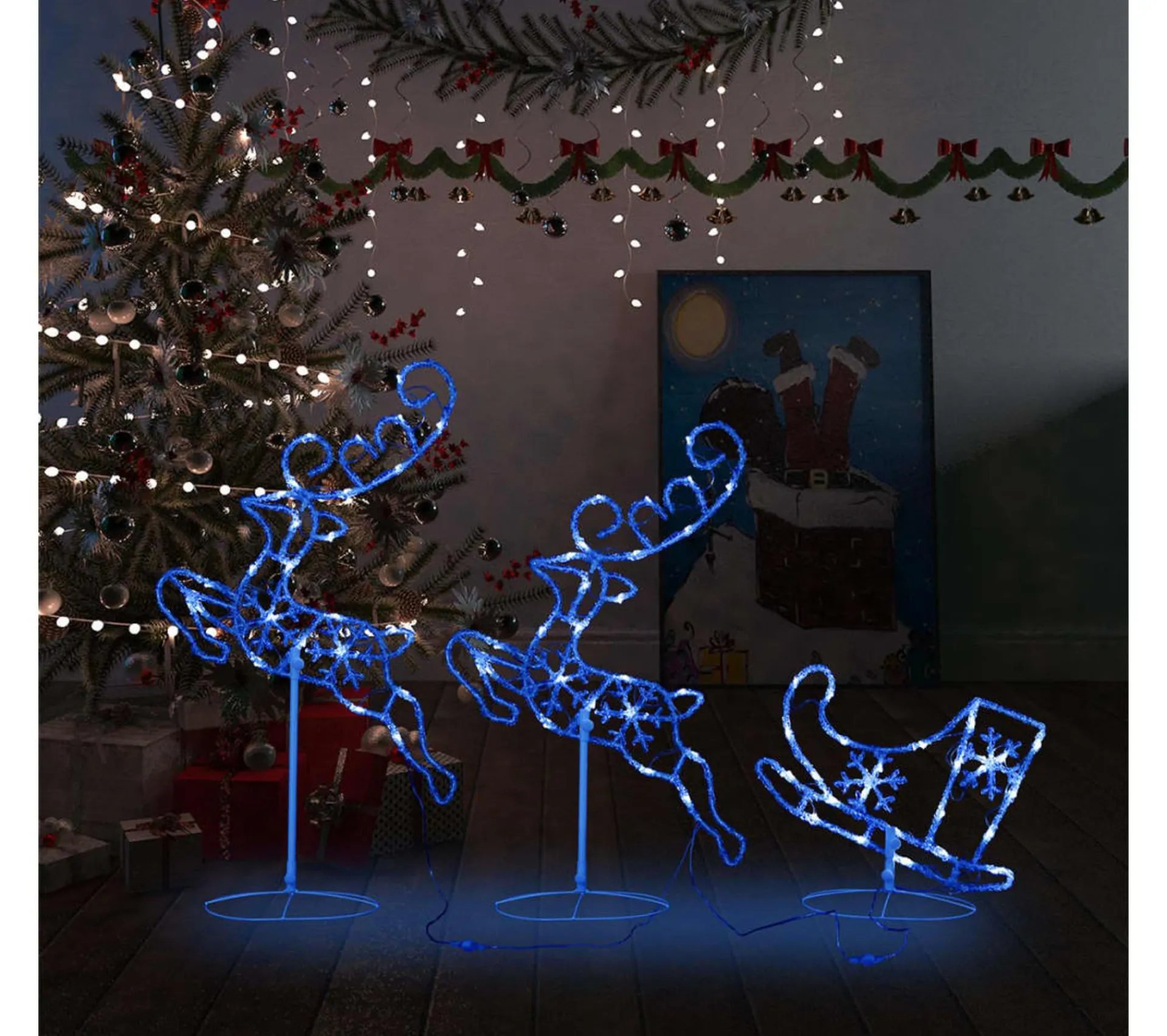 Sale * Renne Et Traineaux Noël Volant Acrylique 260X21X87 Cm Bleu